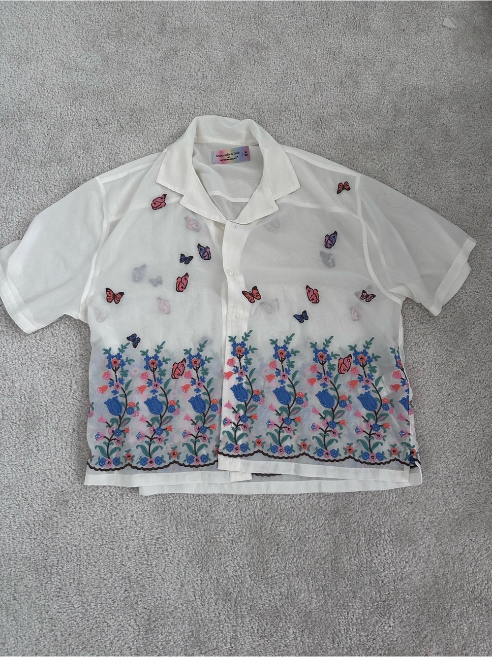 Abercrombie & Fitch Pride Camp Collar Embroidered Sheer Button Up Shirt
